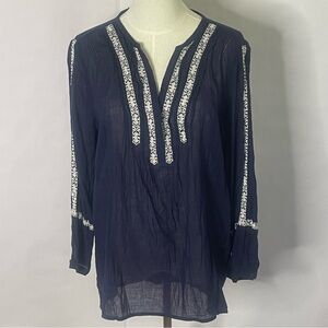PAIGE Tess Navy gauze boho vneck blouse women’s Size L embroidered cottagecore
